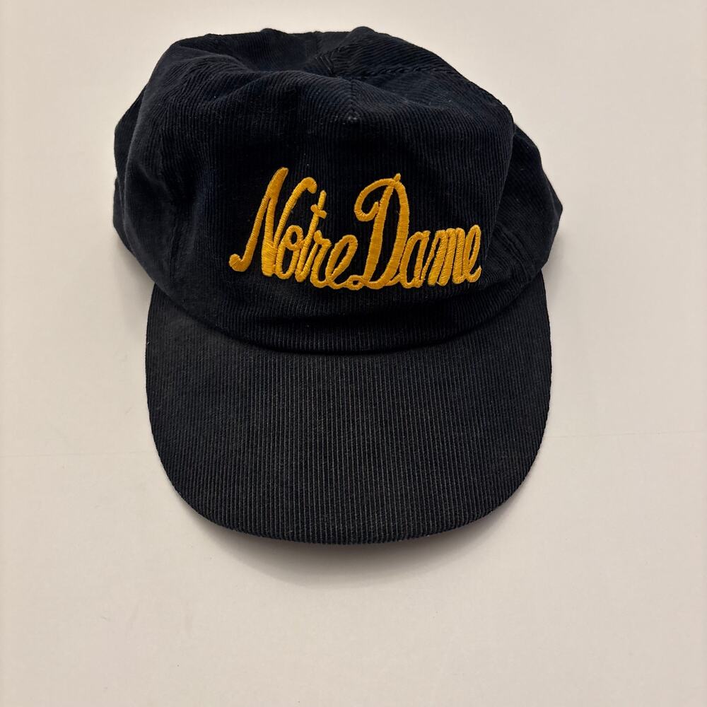 Vintage Notre Dame Corduroy Snapback Hat Navy Gold Script Made USA